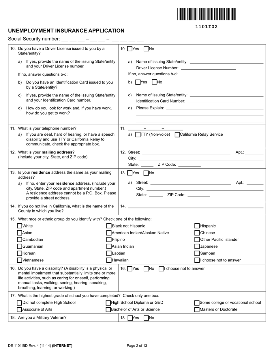 Form DE1101IBD - Fill Out, Sign Online and Download Fillable PDF ...