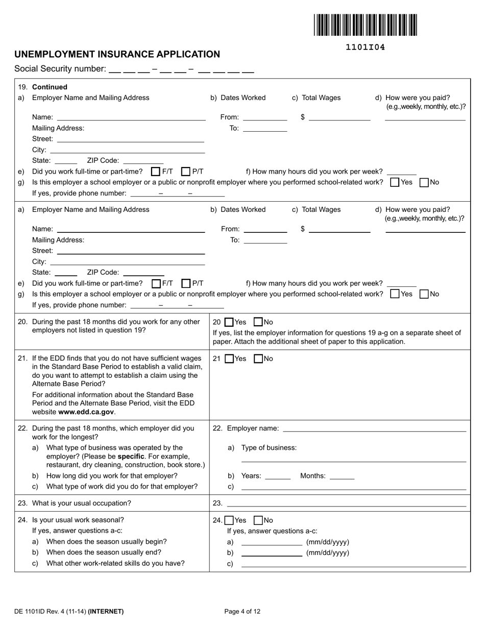 Form DE1101ID Unemployment Insurance Application - California, Page 4