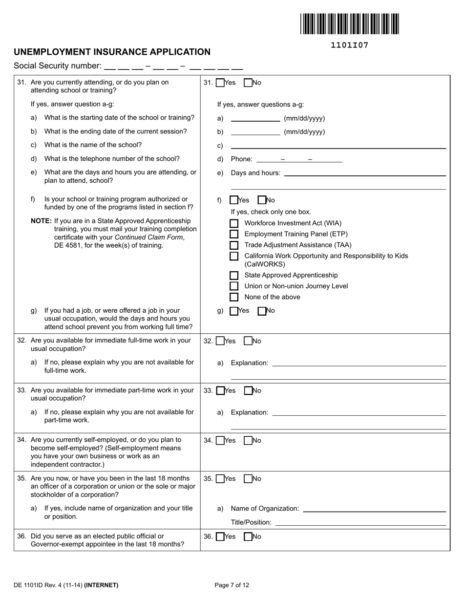 Form DE1101ID Unemployment Insurance Application - California, Page 7