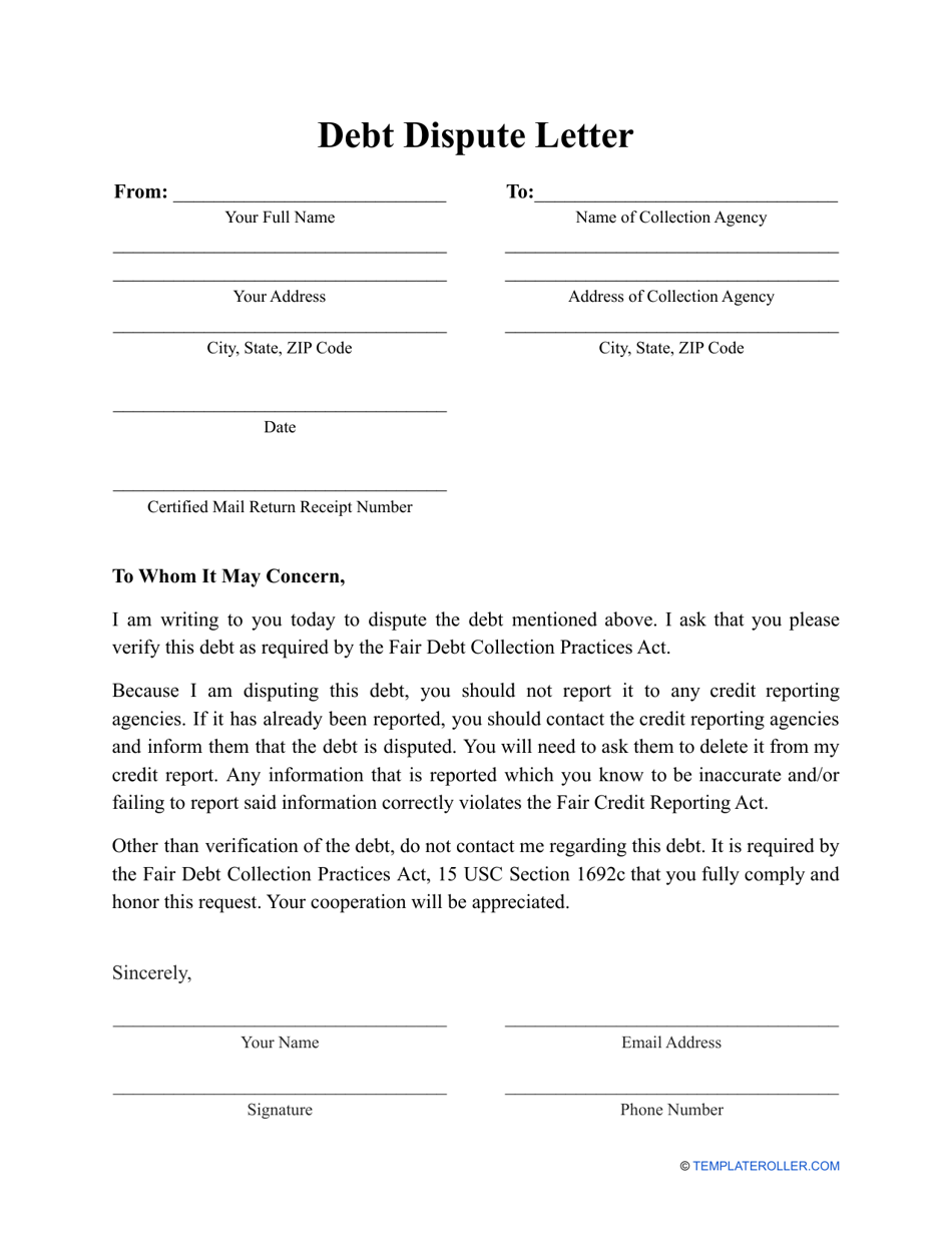 Debt Dispute Letter Template Fill Out Sign Online and Download PDF