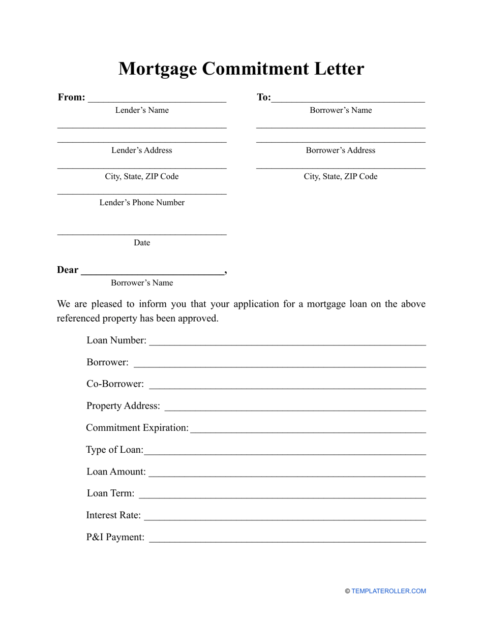 Mortgage commitment letter template - A professionally designed template for creating a mortgage commitment letter.