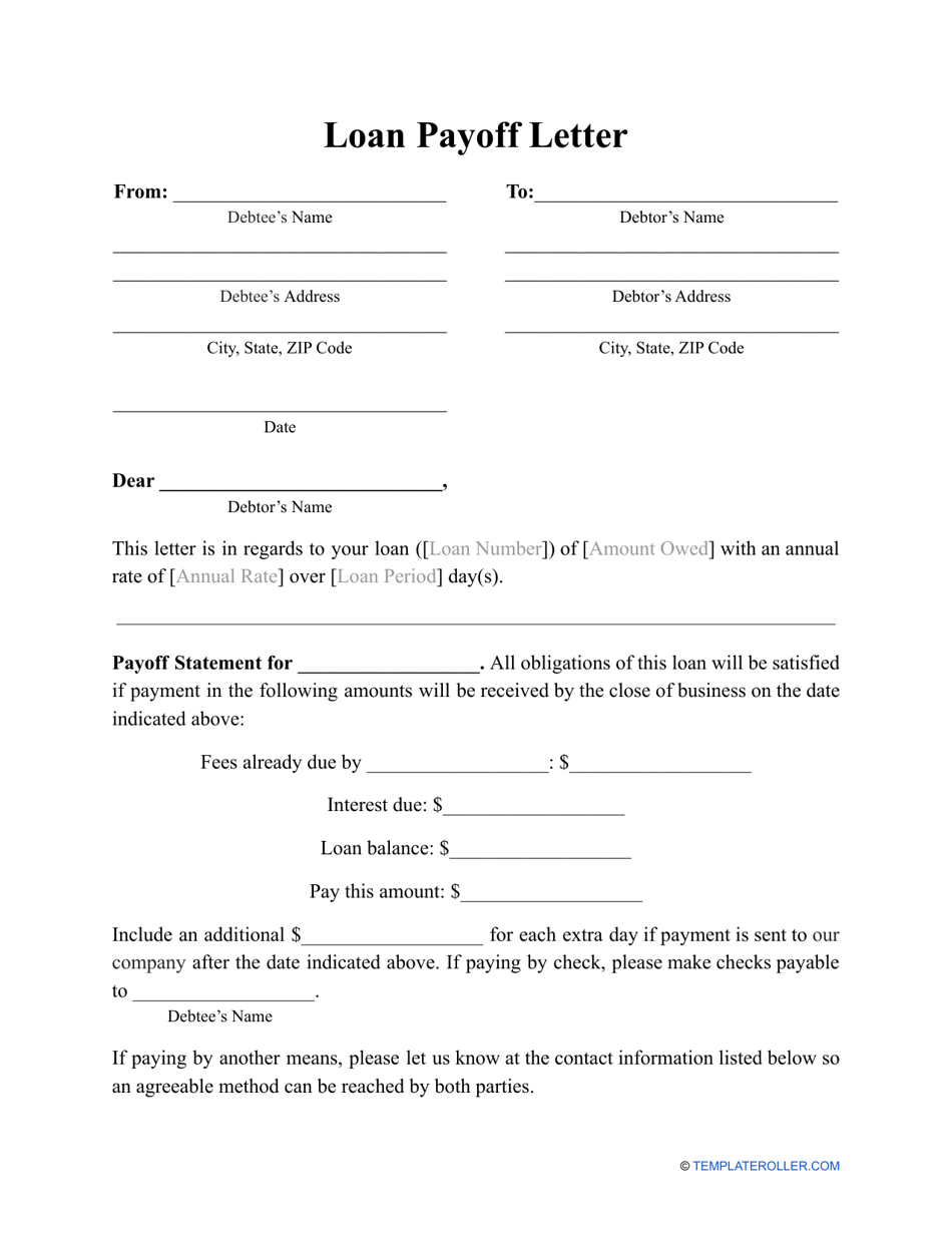 Loan Payoff Letter Template - Fill Out, Sign Online and Download PDF