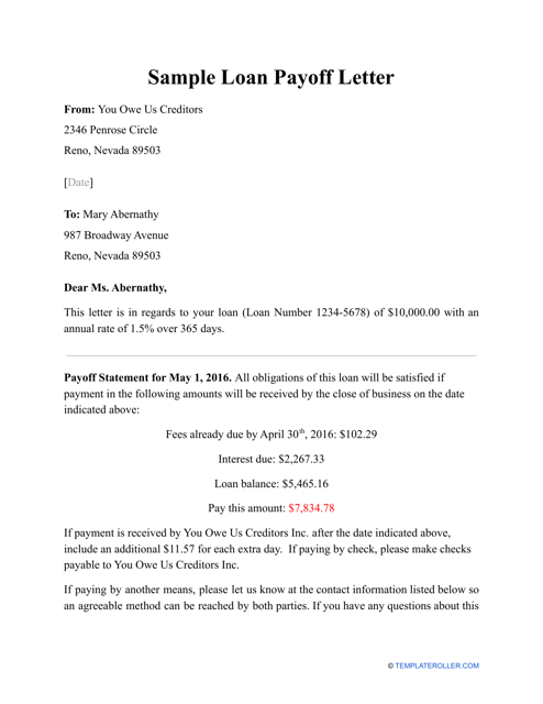 Sample Loan Payoff Letter - Fill Out, Sign Online and Download PDF