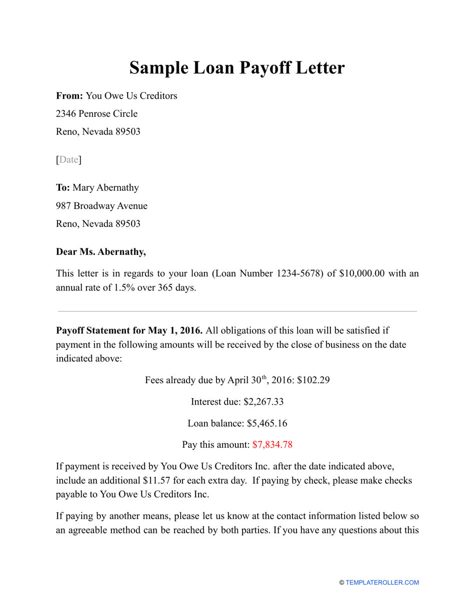 Sample Loan Payoff Letter Download Printable PDF | Templateroller Formal Business Report Sample