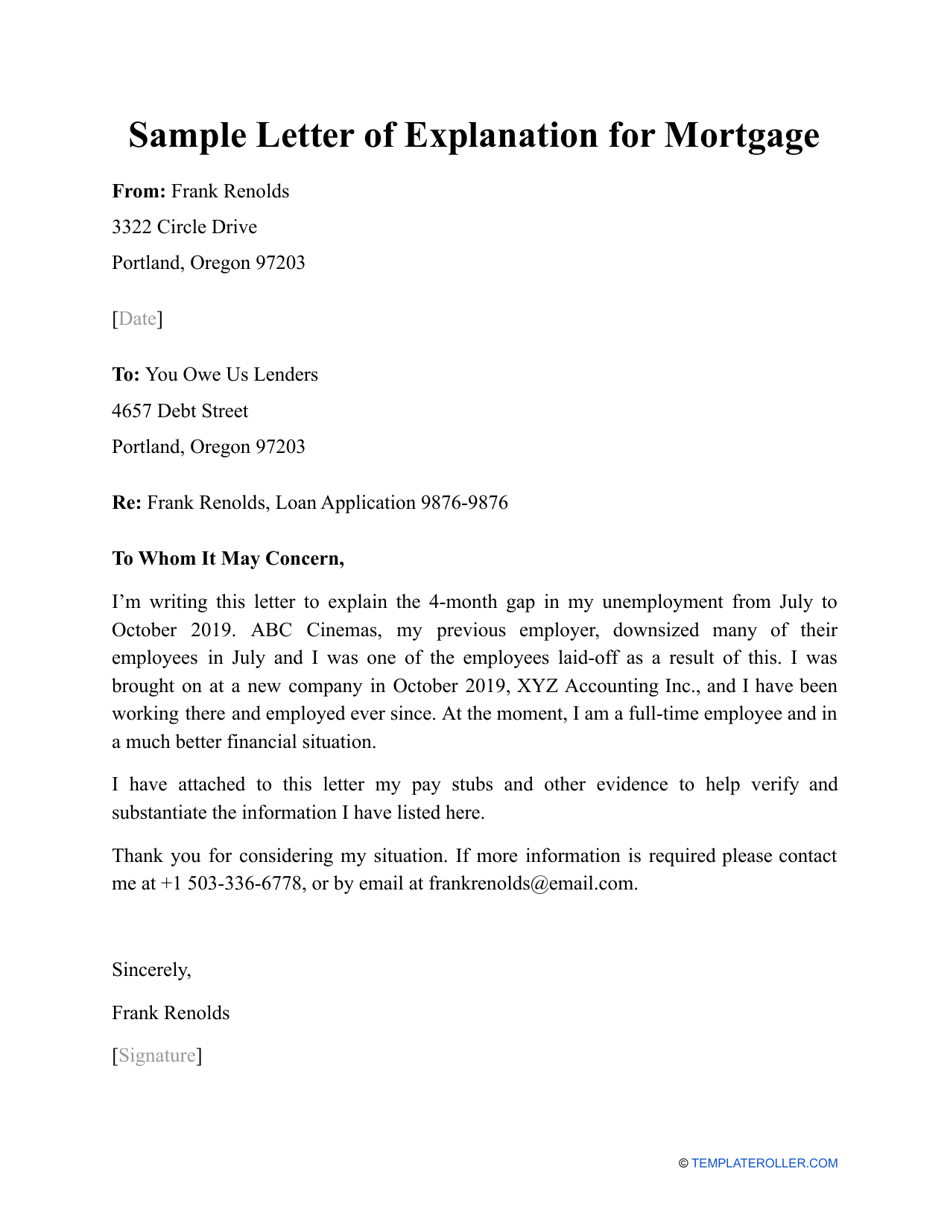 Sample Letter of Explanation for Mortgage - template document thumbnail