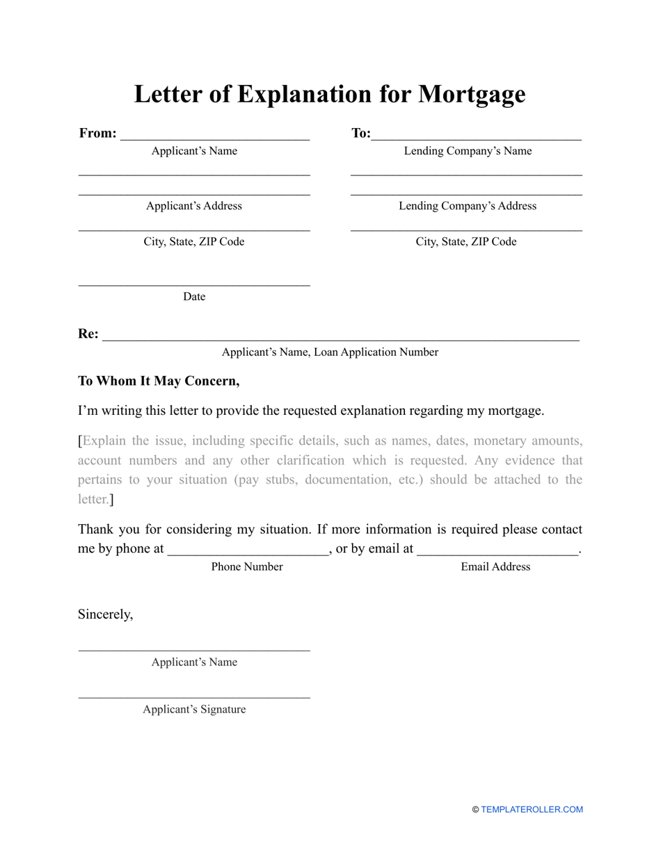 Letter of Explanation for Mortgage Template Download Printable PDF
