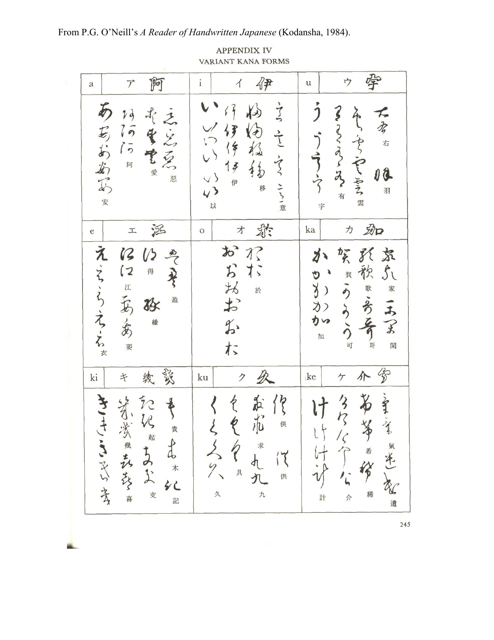Appendix IV - Variant Kana Forms - P.g. O'neill's, a Reader of Handwritten Japanese