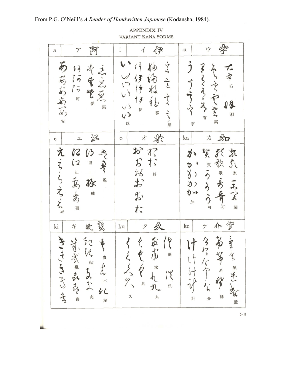 Appendix IV - Variant Kana Forms - P.g. O'neill's, a Reader of Handwritten Japanese Preview Image