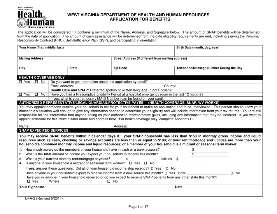 Form DFA-2 Application for Benefits - West Virginia, Page 1