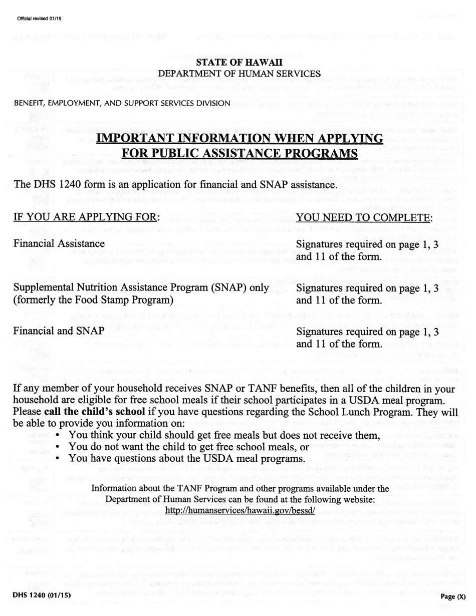 Form DHS1240 Application for Financial and Snap Assistance - Hawaii, Page 1