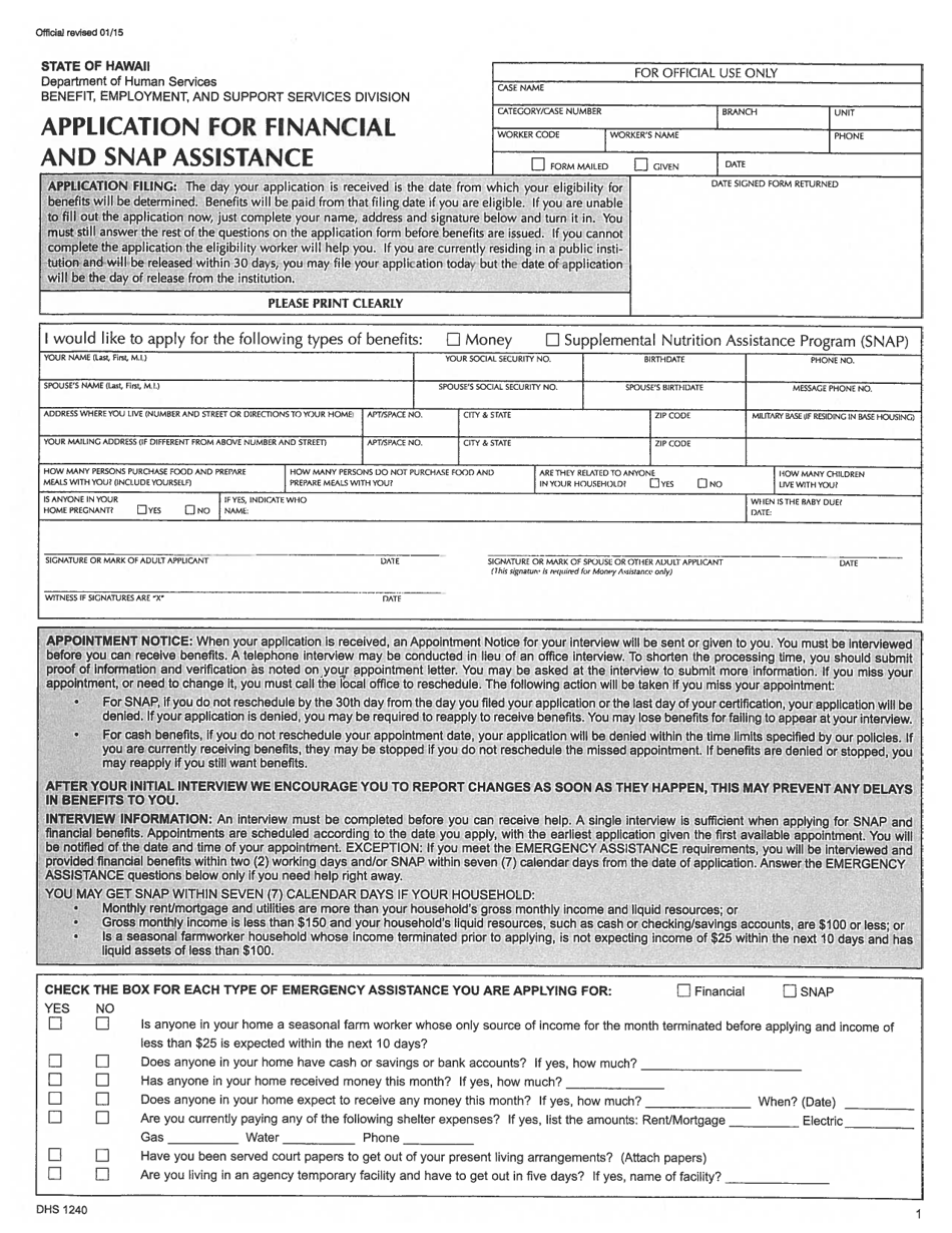 Form DHS1240 Application for Financial and Snap Assistance - Hawaii, Page 3