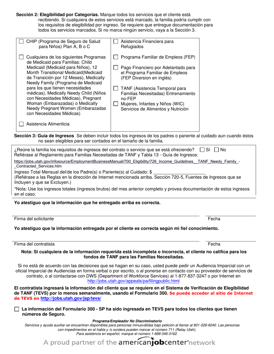 Formulario DWS-ESD / WDD 300-SP Formulario De Elegibilidad De TANF Para Familias Necesitadas - Utah (Spanish), Page 2