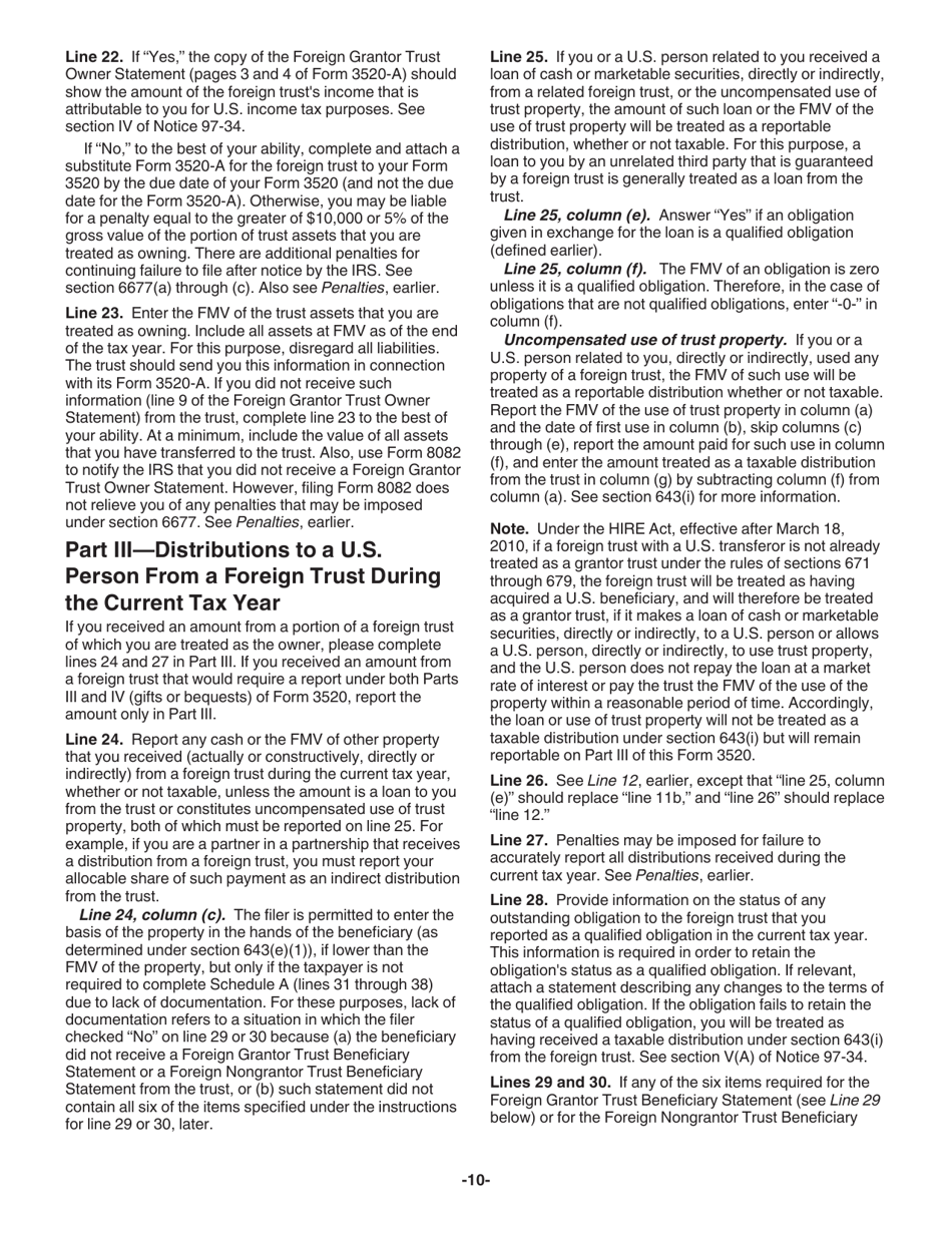Instructions for IRS Form 3520 Annual Return to Report Transactions With Foreign Trusts and Receipt of Certain Foreign Gifts, Page 10