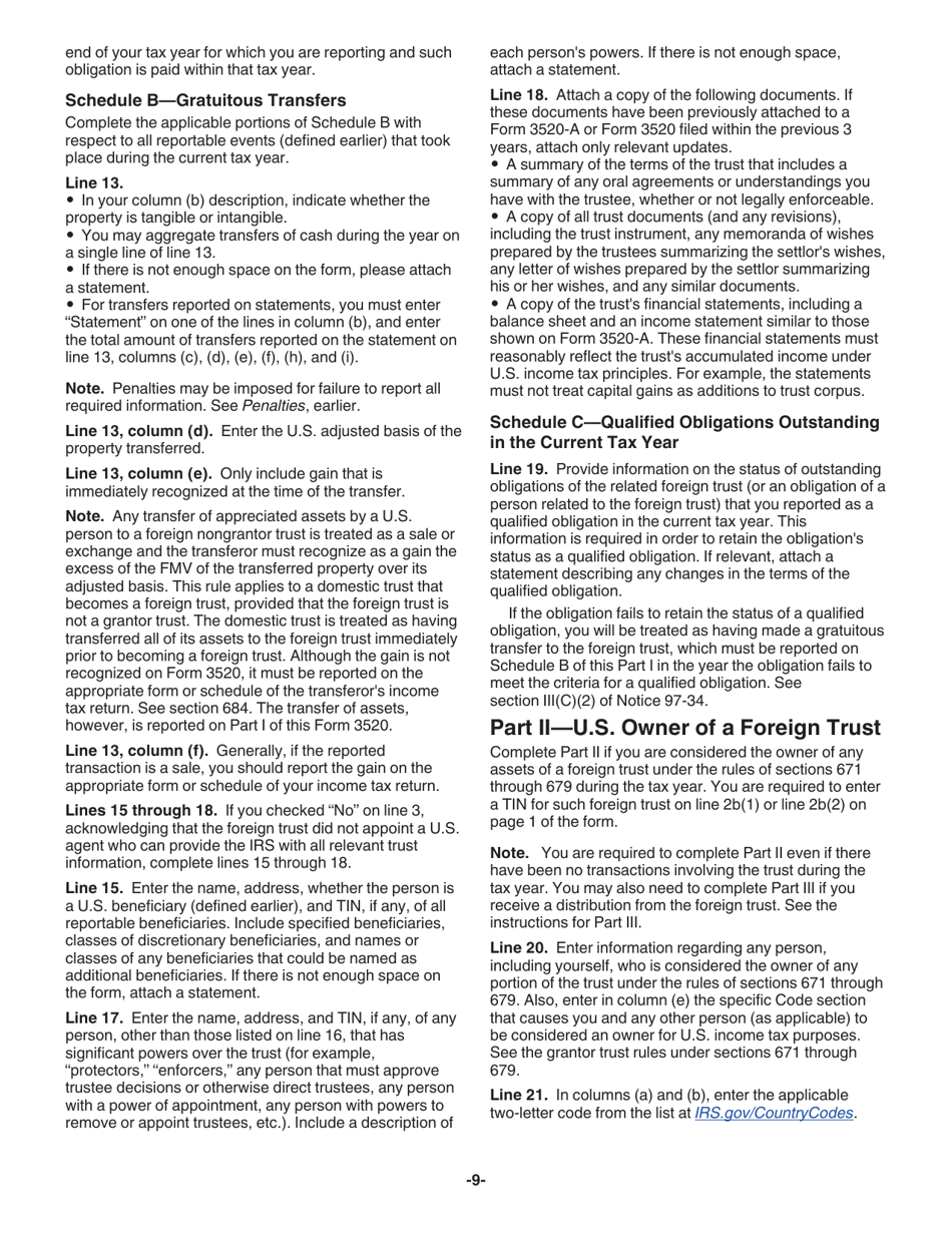 Instructions for IRS Form 3520 Annual Return to Report Transactions With Foreign Trusts and Receipt of Certain Foreign Gifts, Page 9