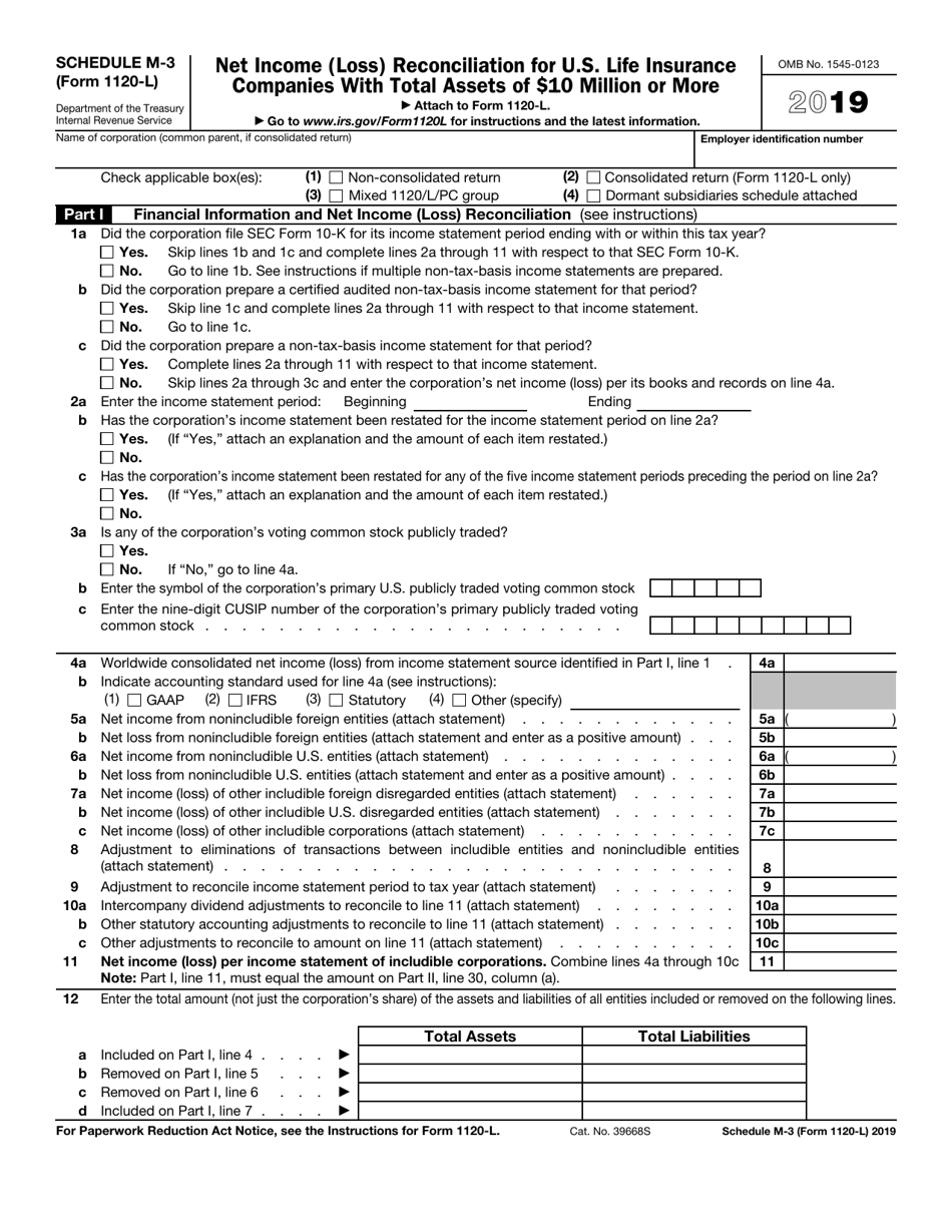 IRS Form 1120-L Schedule M-3 Net Income (Loss) Reconciliation for U.S. Life Insurance Companies With Total Assets of $10 Million or More, Page 1