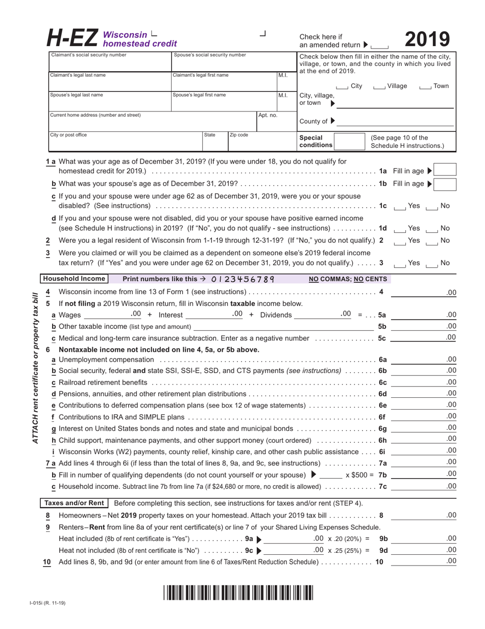 Form I-015I Schedule H-EZ Wisconsin Homestead Credit - Wisconsin, Page 1