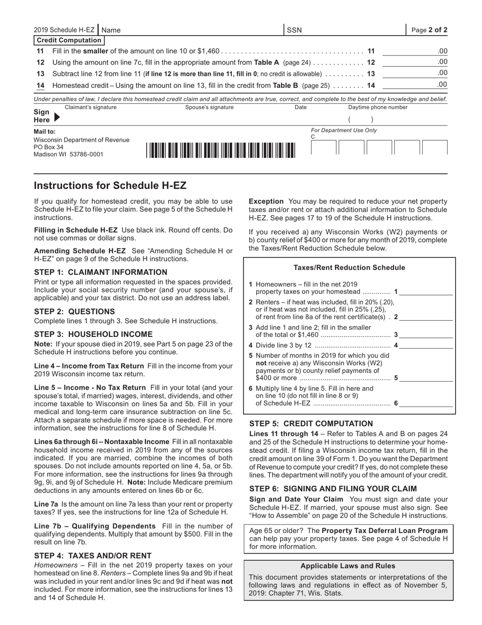 Form I-015I Schedule H-EZ Wisconsin Homestead Credit - Wisconsin, Page 2