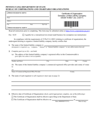 Form DSCB:15-8821 (DSCB:15-8821-2) &quot;Certificate of Organization - Domestic Limited Liability Company&quot; - Pennsylvania