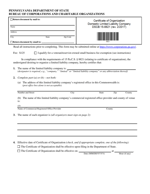 Form DSCB:15-8821 (DSCB:15-8821-2) Certificate of Organization - Domestic Limited Liability Company - Pennsylvania