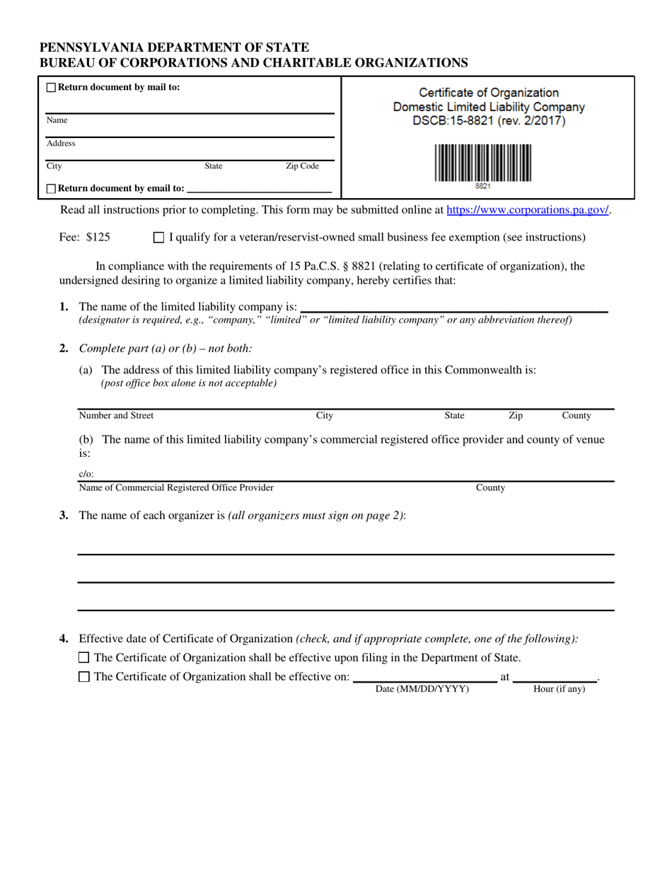 Form DSCB:15-8821 (DSCB:15-8821-2) Certificate of Organization - Domestic Limited Liability Company - Pennsylvania, Page 1