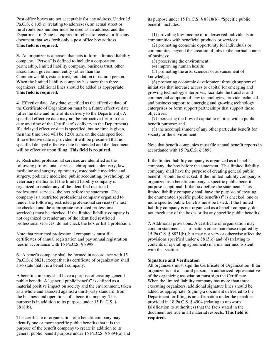 Form DSCB:15-8821 (DSCB:15-8821-2) Certificate of Organization - Domestic Limited Liability Company - Pennsylvania, Page 4