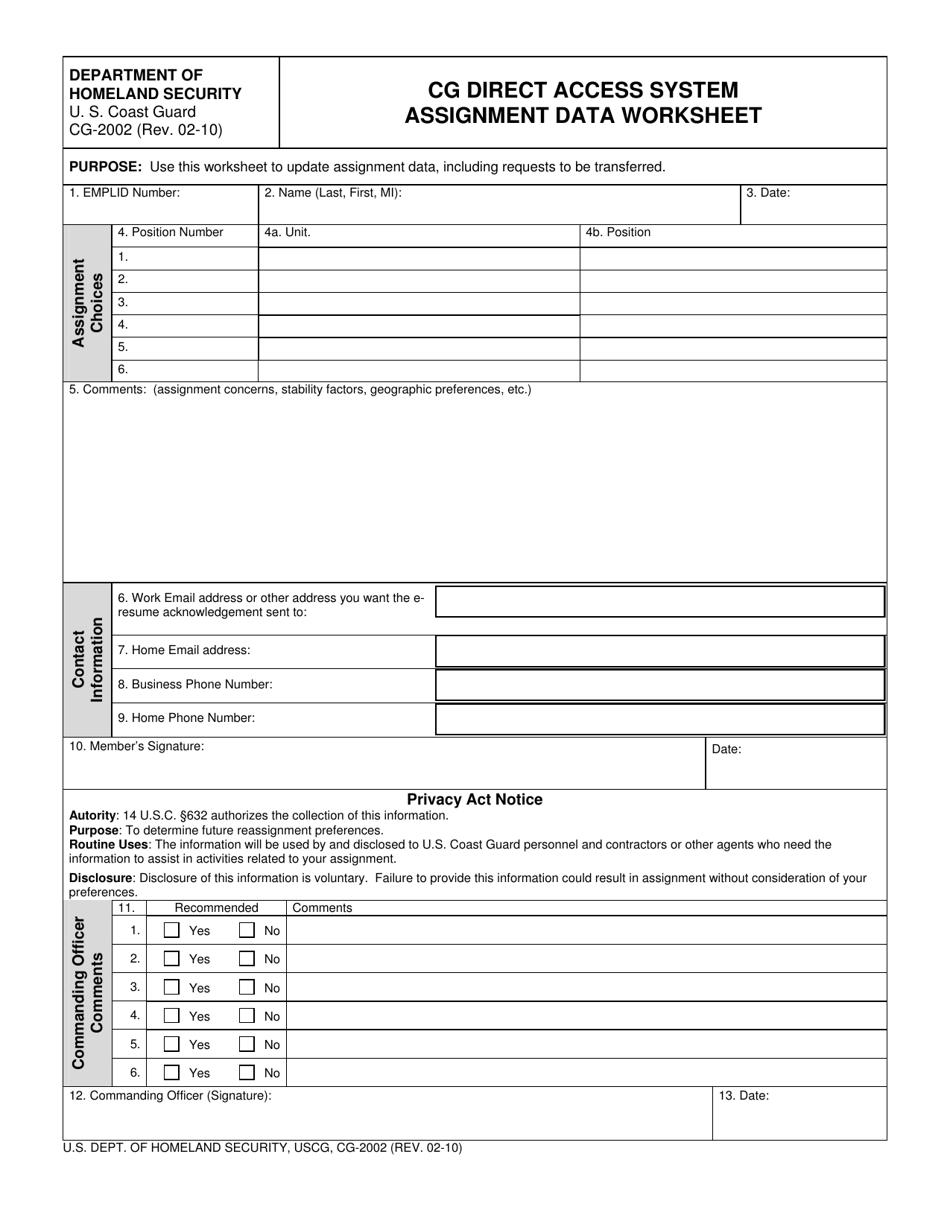 Form CG-2002 Cg Direct Access System Assignment Data Worksheet, Page 1