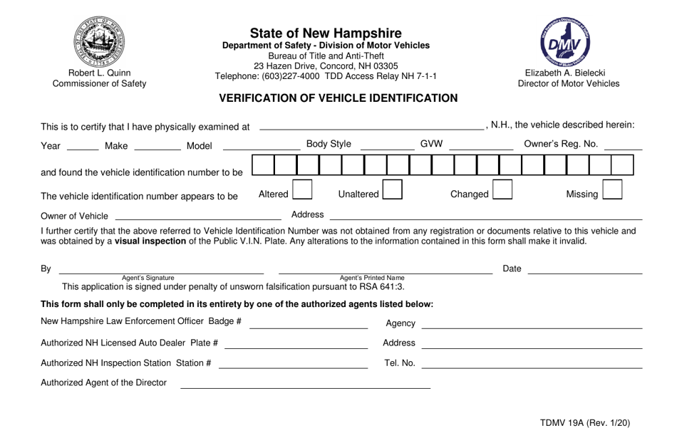 Form TDMV19A Verification of Vehicle Identification - New Hampshire, Page 1