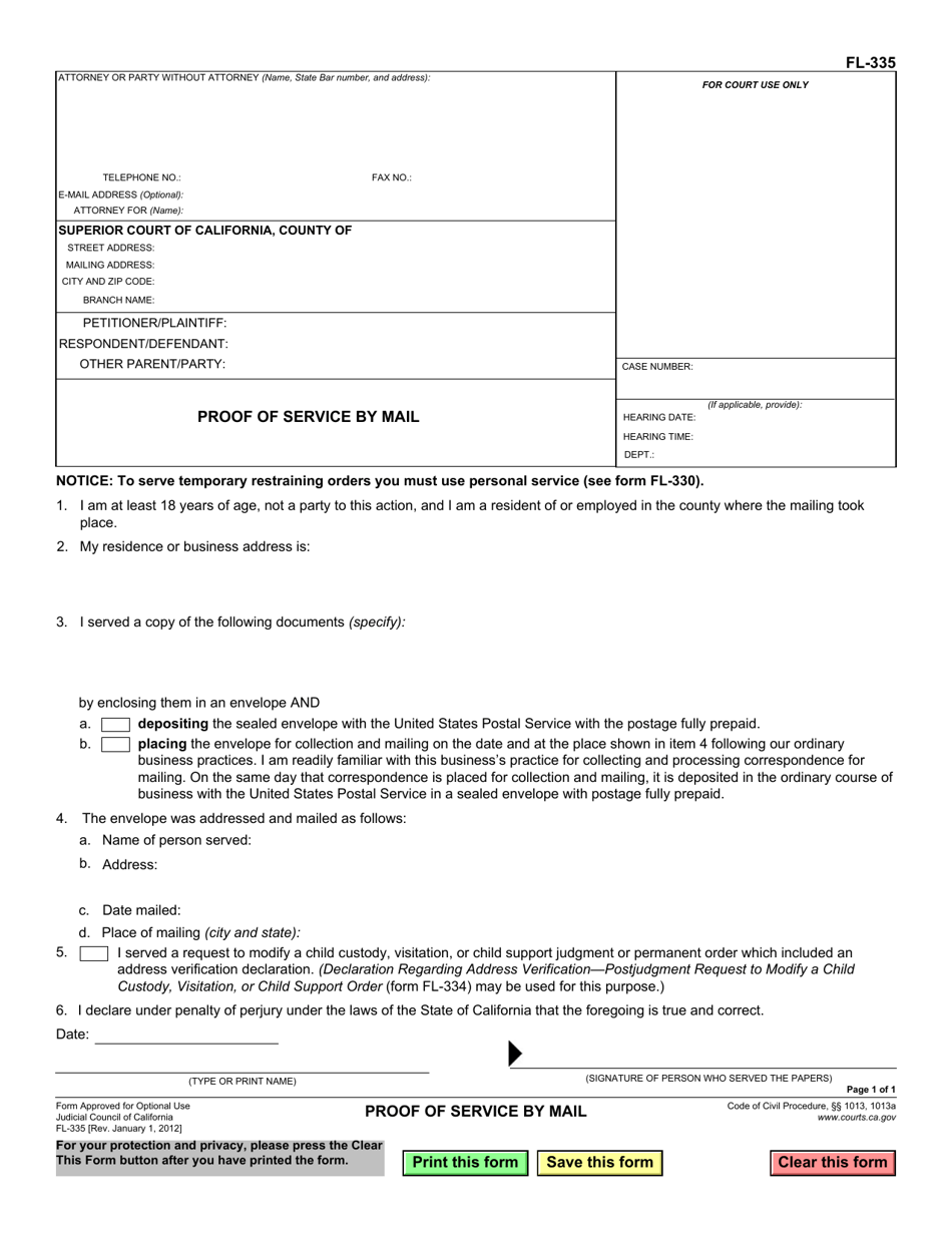 Form FL-335 Proof of Service by Mail - California, Page 1