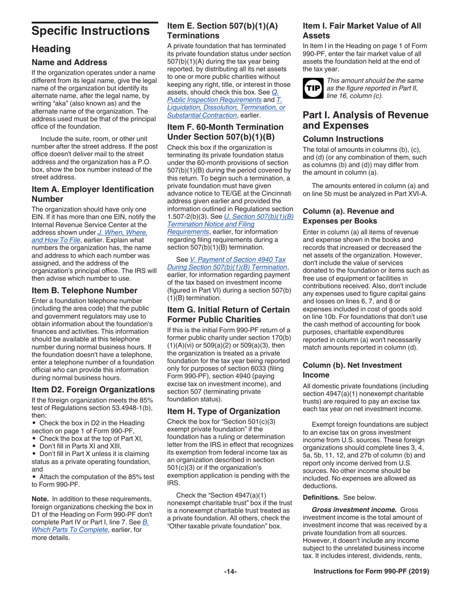 Instructions for IRS Form 990-PF Return of Private Foundation or Section 4947(A)(1) Nonexempt Charitable Trust Treated as a Private Foundation, Page 14