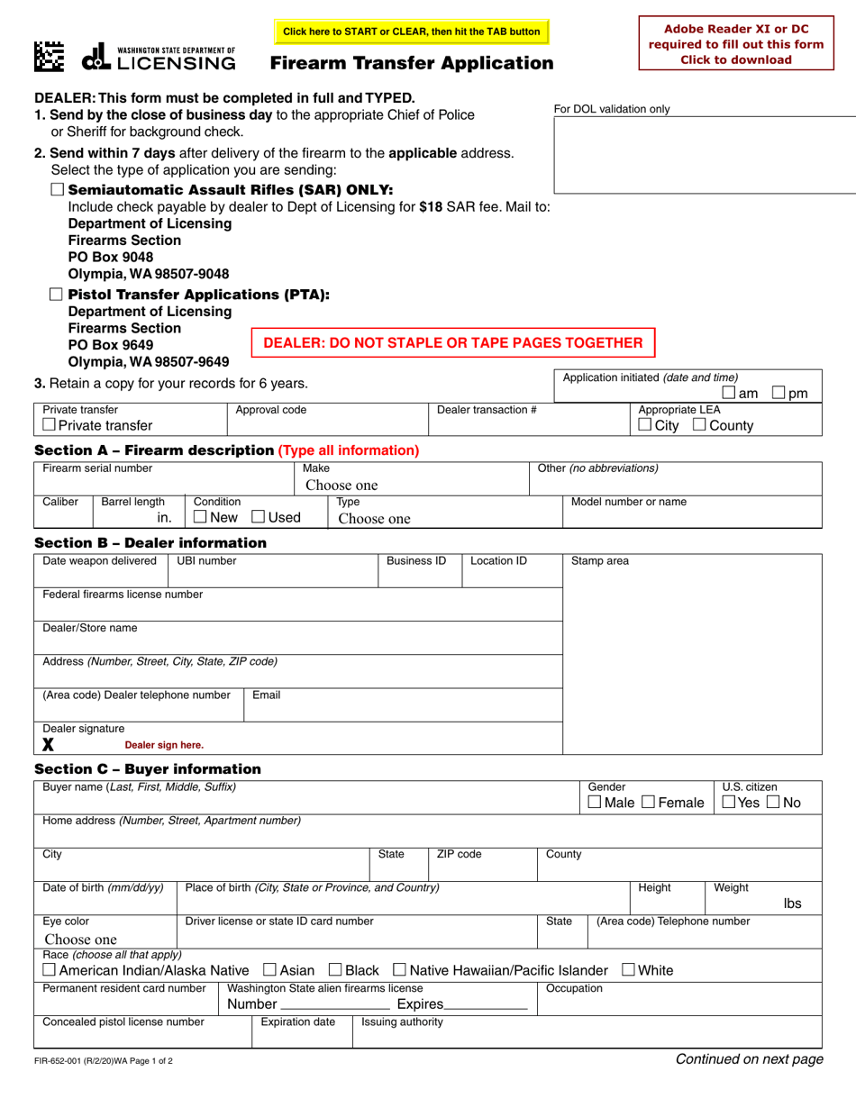 Form FIR-652-001 Firearm Transfer Application - Washington, Page 1