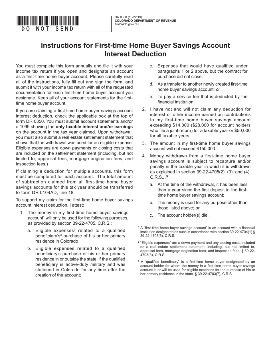 Form DR0350 First-Time Home Buyer Savings Account Interest Deduction - Colorado, Page 1