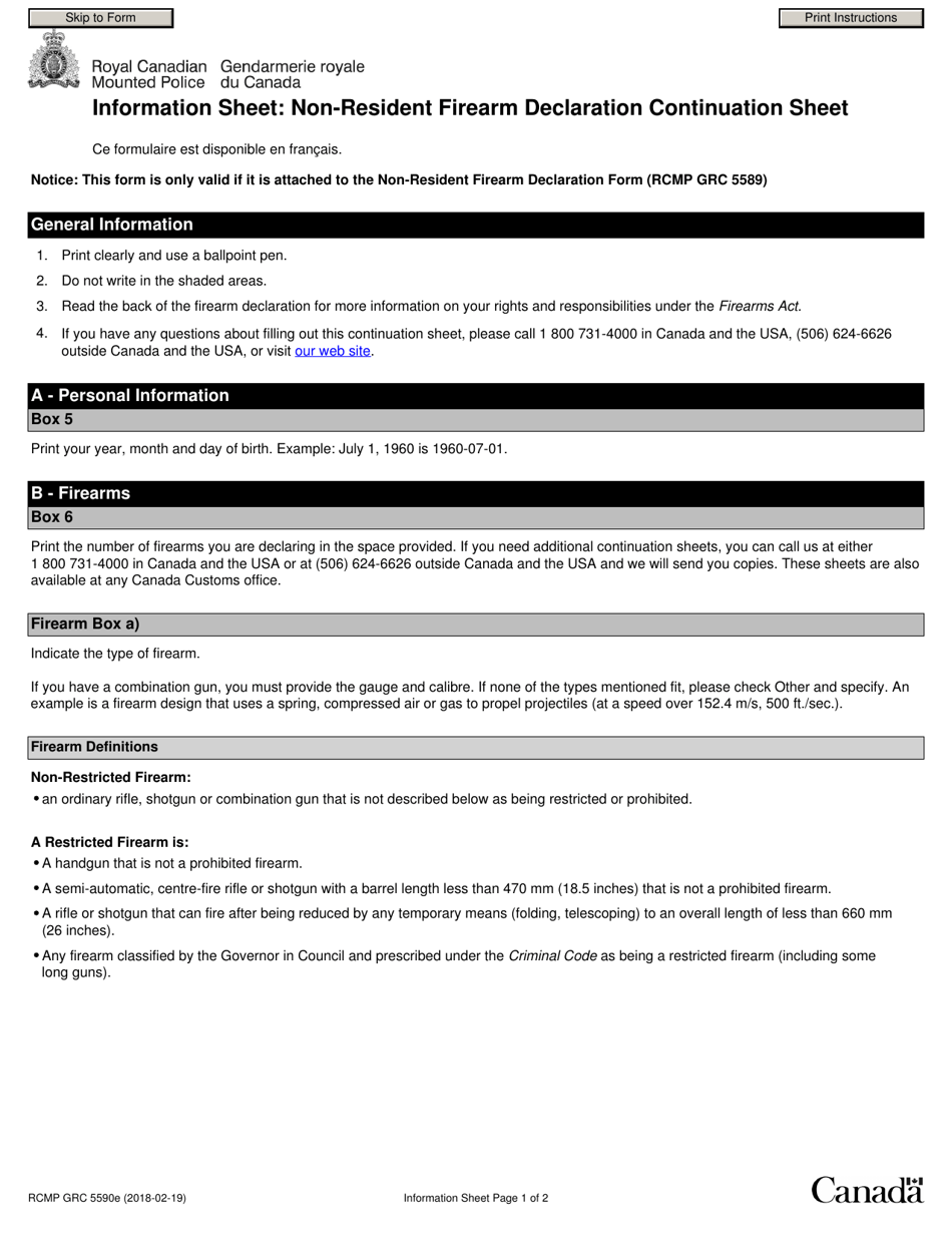 Form RCMP GRC5590E Non-resident Firearm Declaration Continuation Sheet - Canada, Page 1