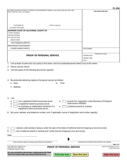 Form FL-330 Proof of Personal Service - California