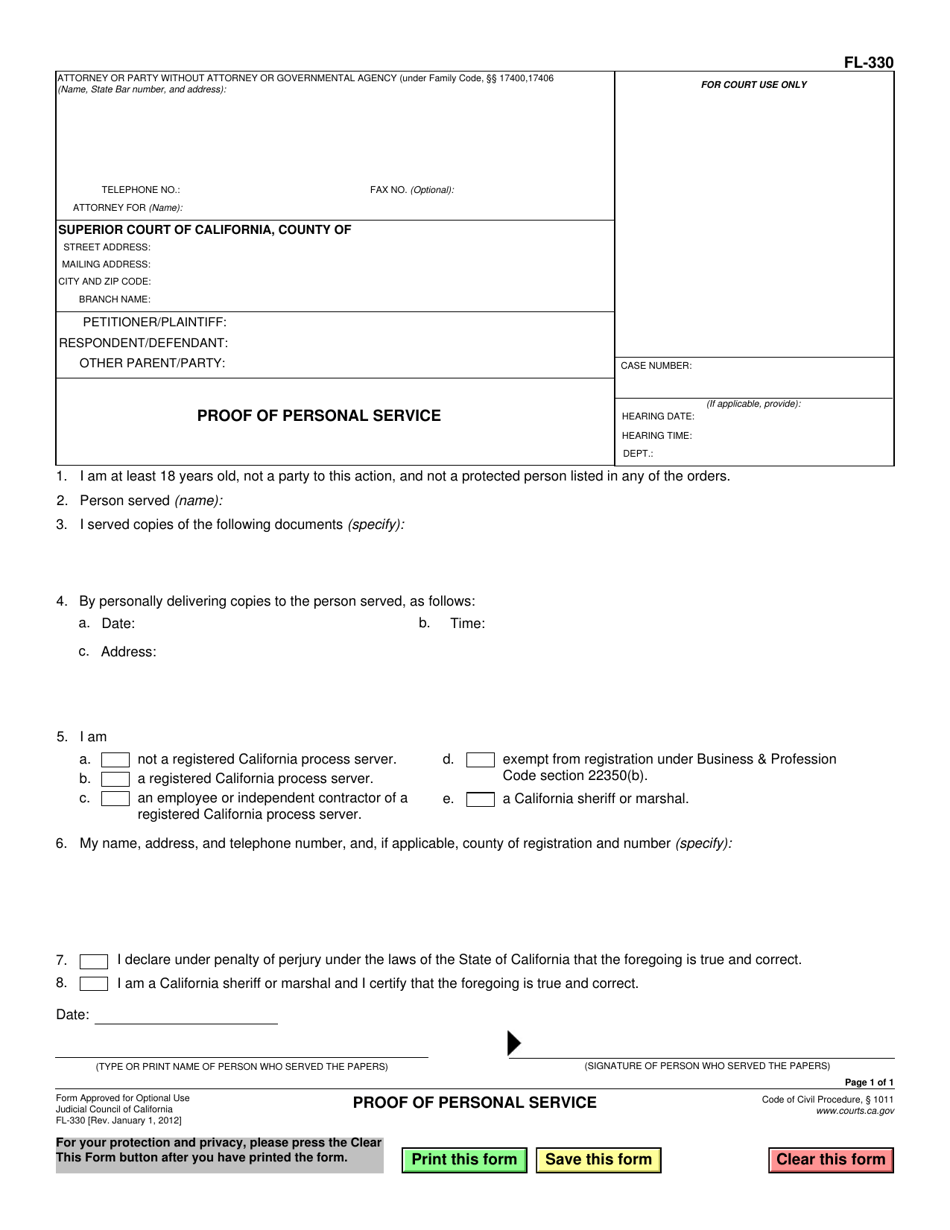 Form FL-330 Proof of Personal Service - California, Page 1