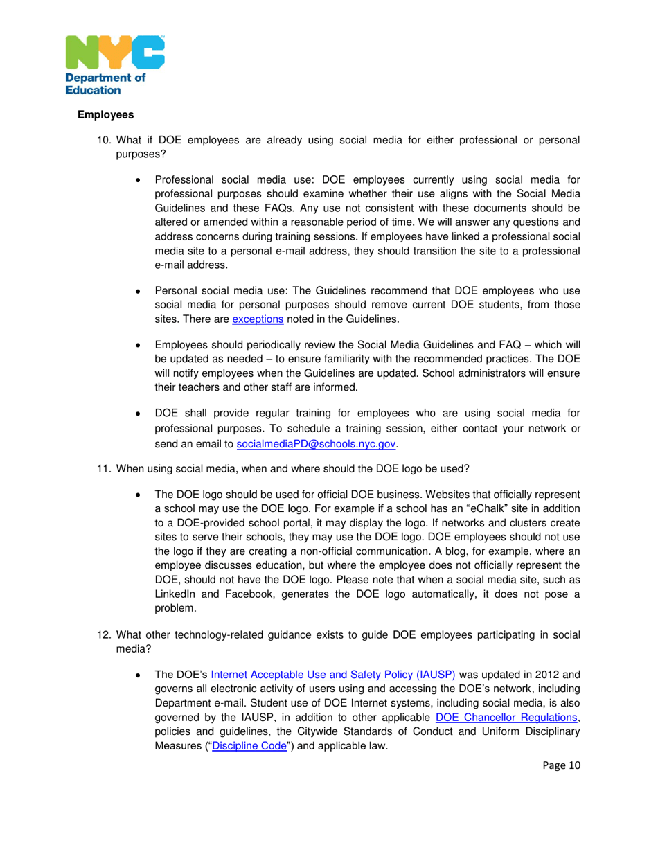 Nyc Department of Education Social Media Guidelines - New York City, Page 10