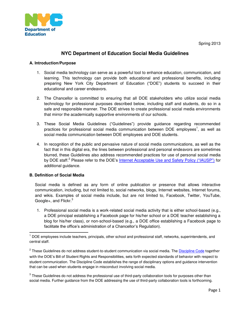 Nyc Department of Education Social Media Guidelines - New York City, Page 1