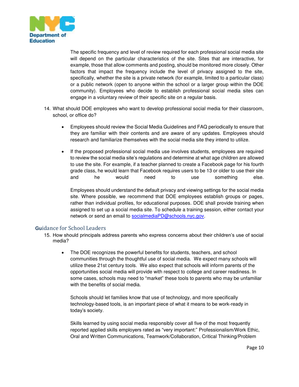 Nyc Department of Education Social Media Guidelines - New York City, Page 10