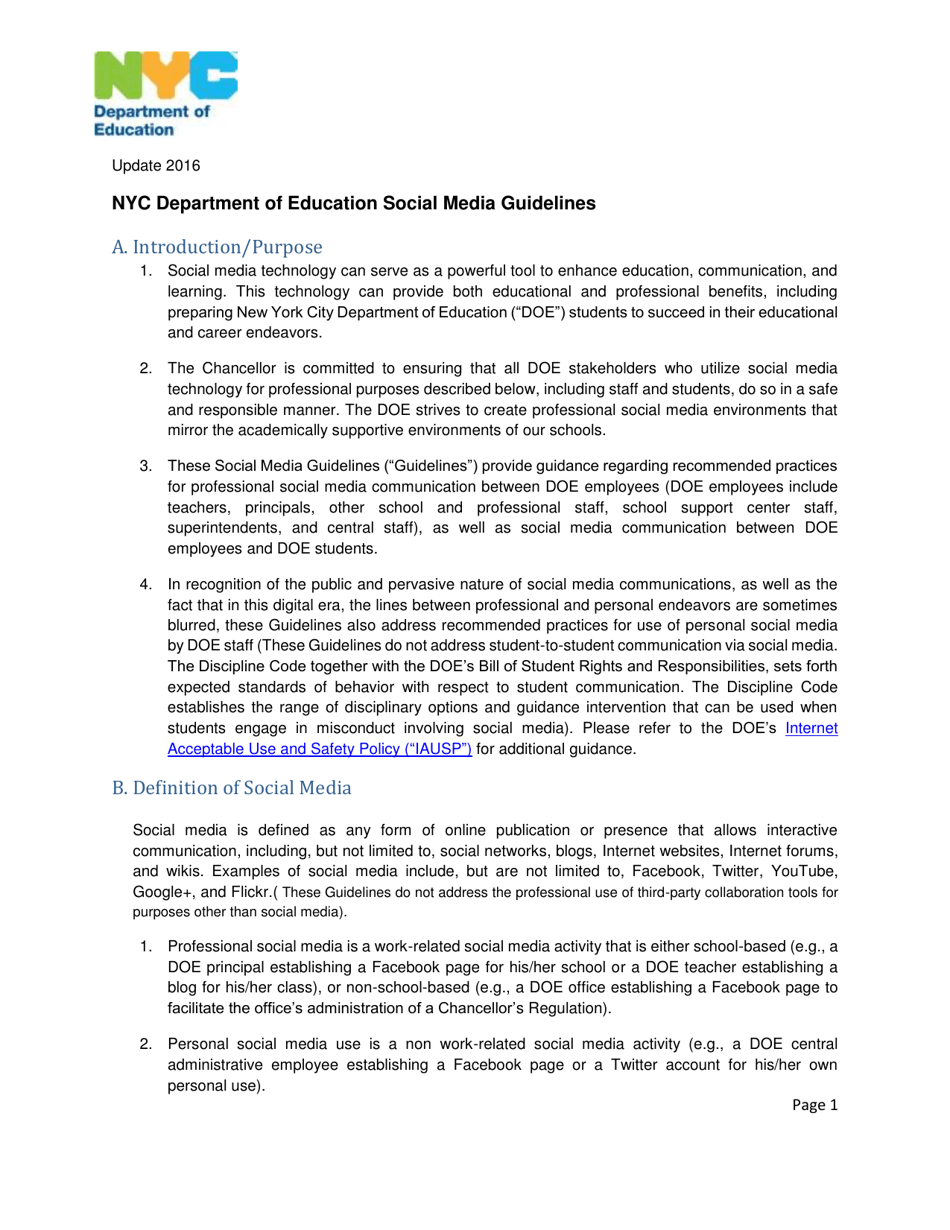 Nyc Department of Education Social Media Guidelines - New York City, Page 1