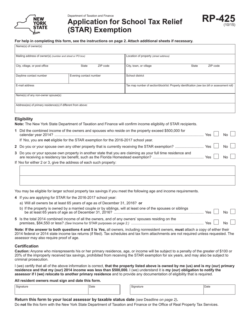 Form RP-425 Application for School Tax Relief (Star) Exemption - New York, Page 1