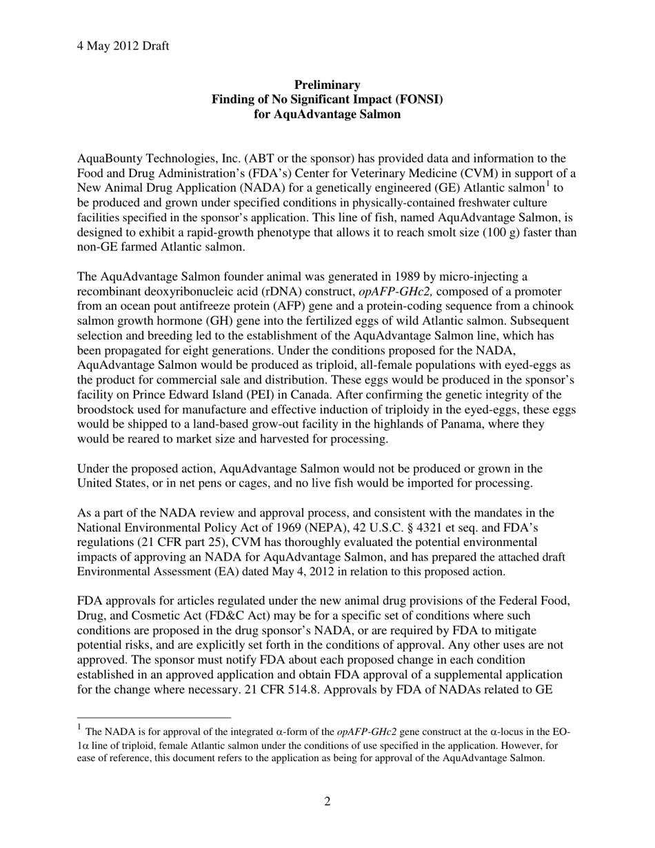 Preliminary Finding of No Significant Impact (Fonsi) for Aquadvantage Salmon, Page 3