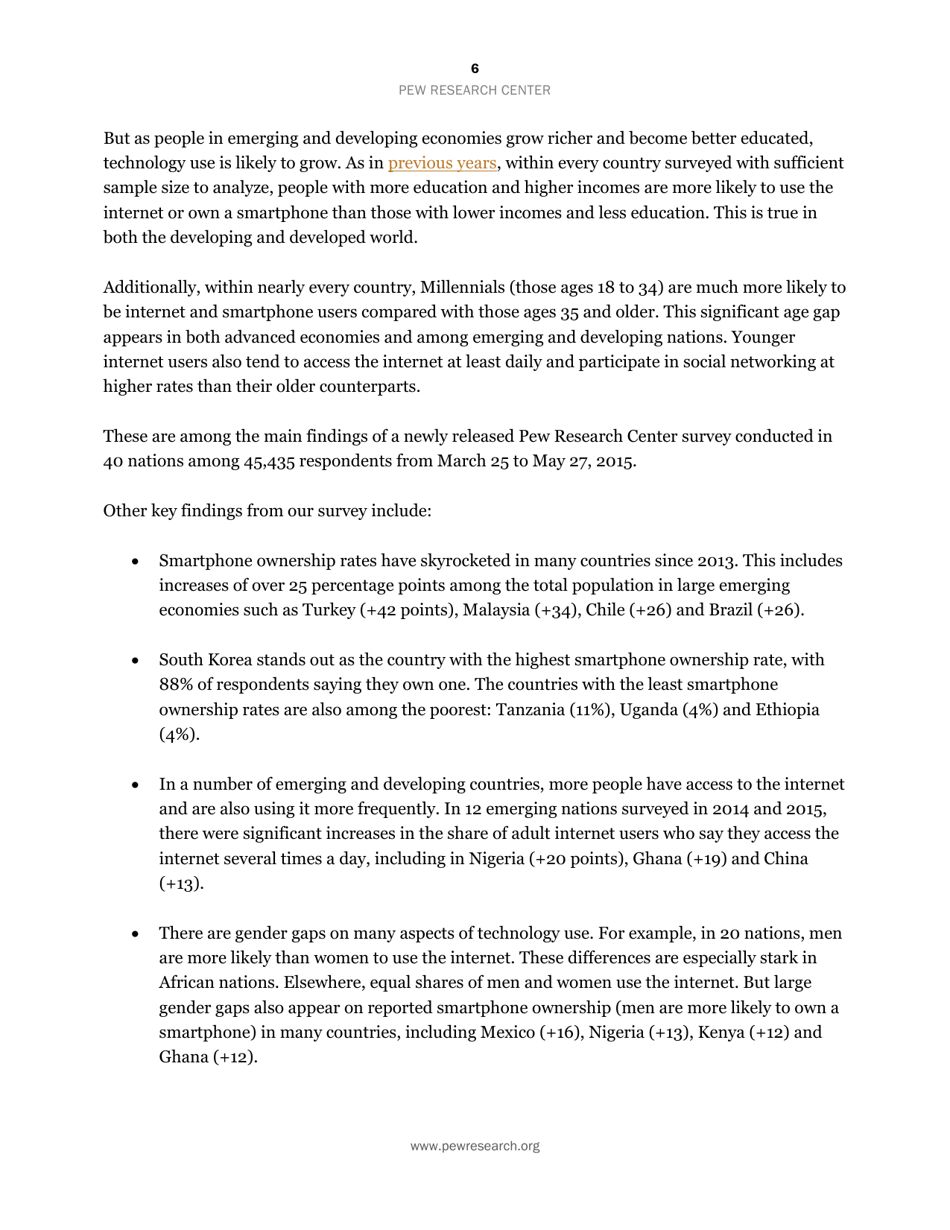 Smartphone Ownership and Internet Usage Continues to Climb in Emerging Economies but Advanced Economies Still Have Higher Rates of Technology Use - Jacob Poushter, Page 7