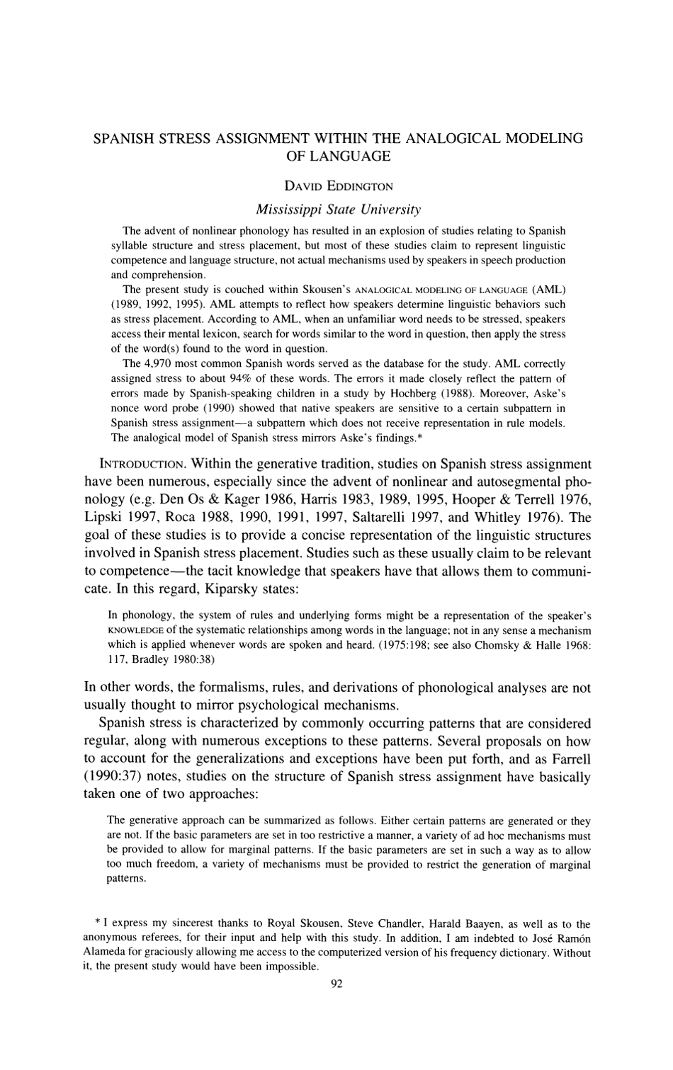 Spanish Stress Assignment Within the Analogical Modeling of Language - David Eddington, Linguistic Society of America, Page 2