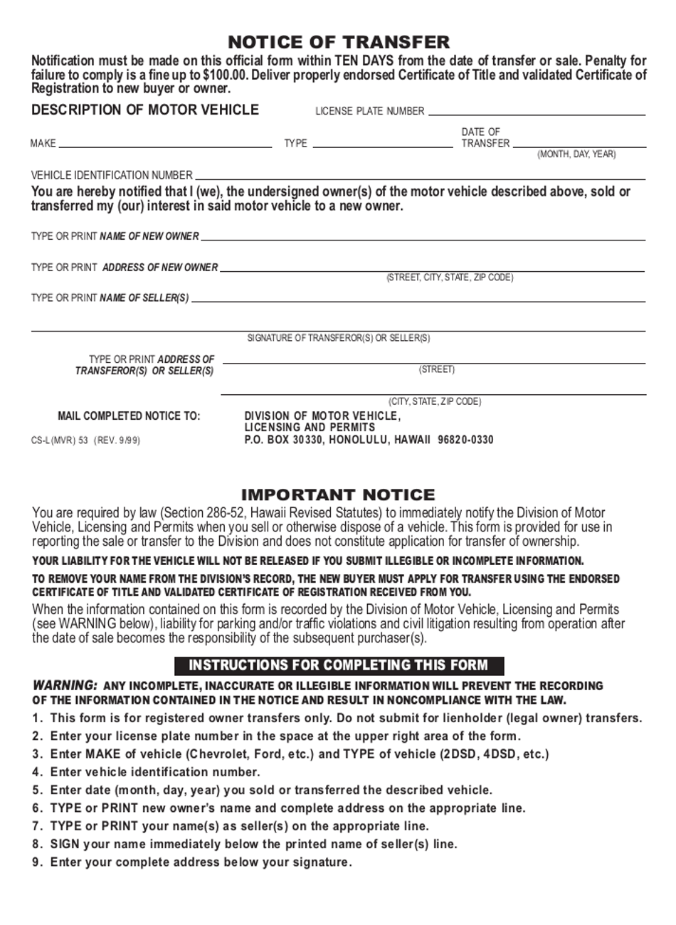 Form CS-L(MVR)53 Notice of Transfer - Hawaii, Page 1