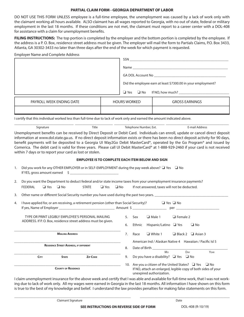 Form DOL-408 Partial Claim Form - Georgia (United States), Page 1
