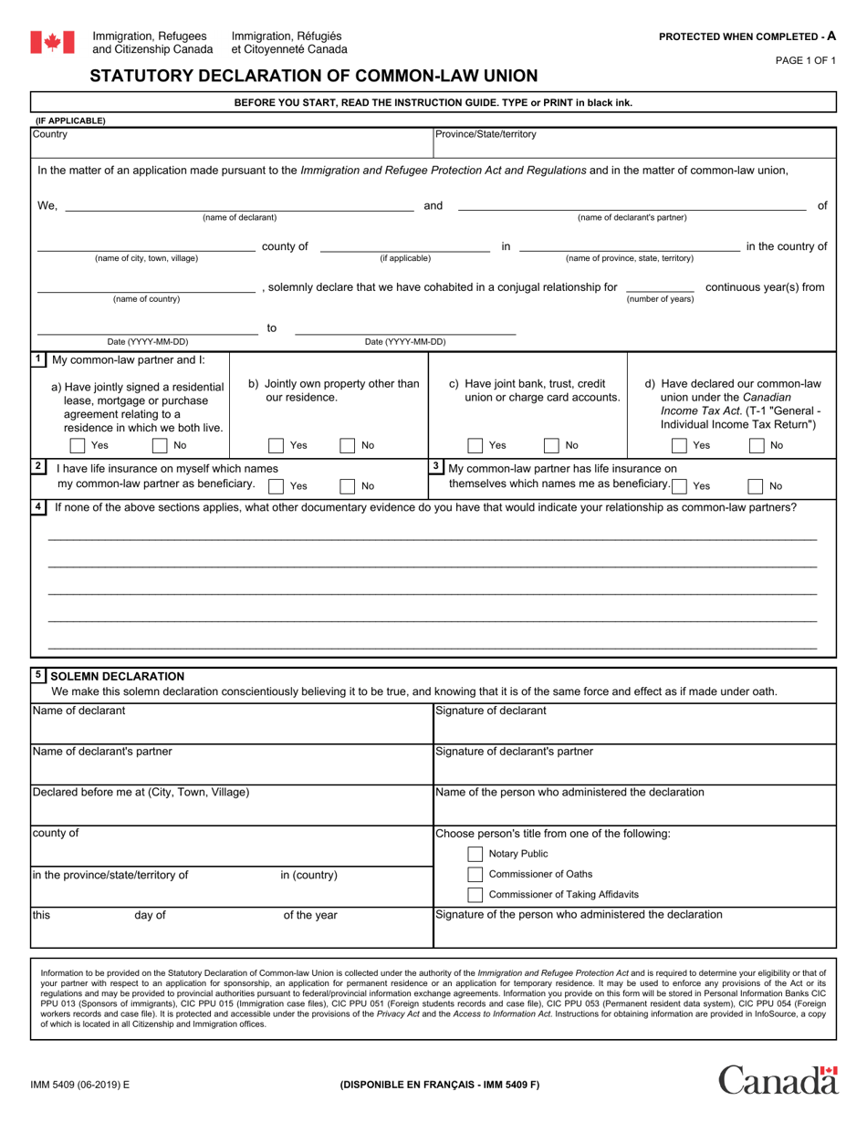 Form IMM5409 Statutory Declaration of Common-Law Union - Canada, Page 1