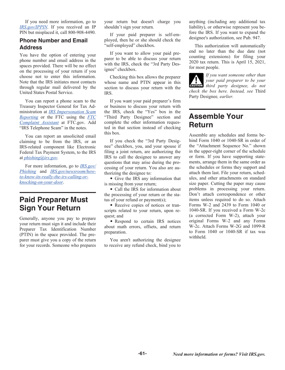 Instructions for IRS Form 1040, 1040-SR, Page 61