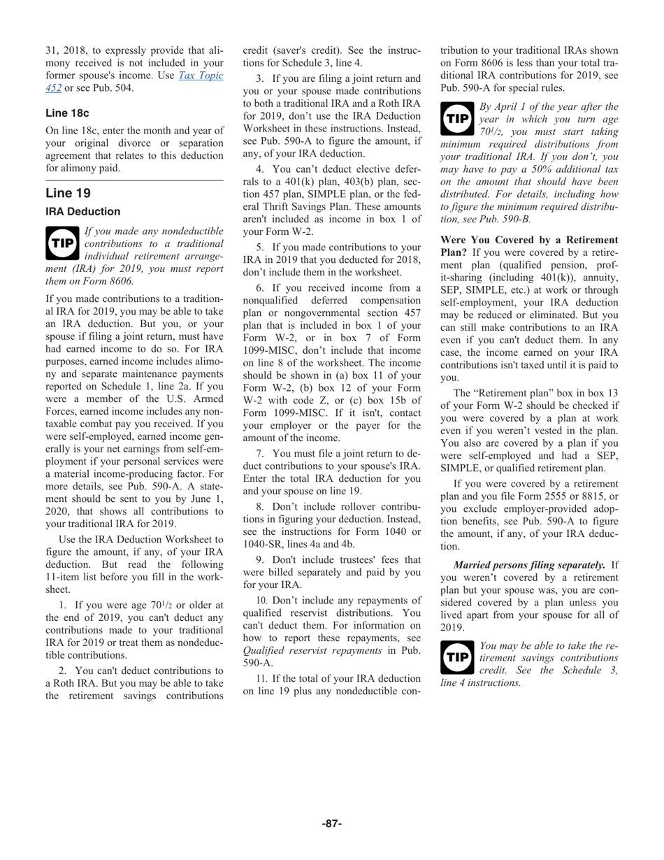 Instructions for IRS Form 1040, 1040-SR, Page 87