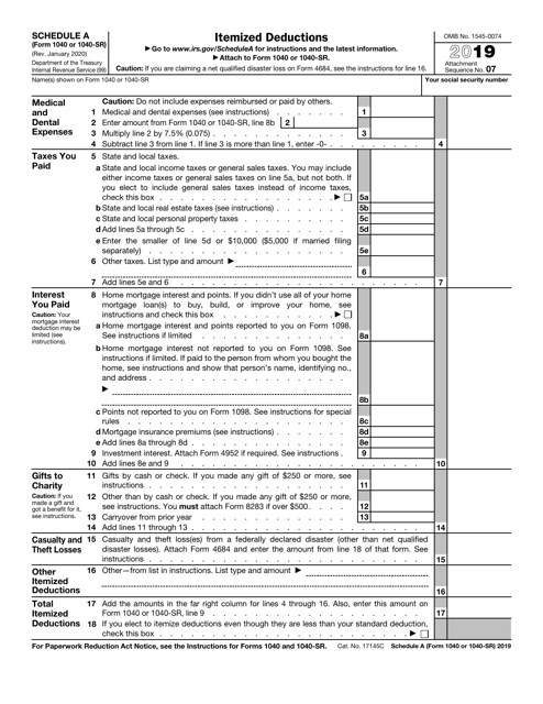 IRS Form 1040 (1040-SR) Schedule A 2019 Printable Pdf