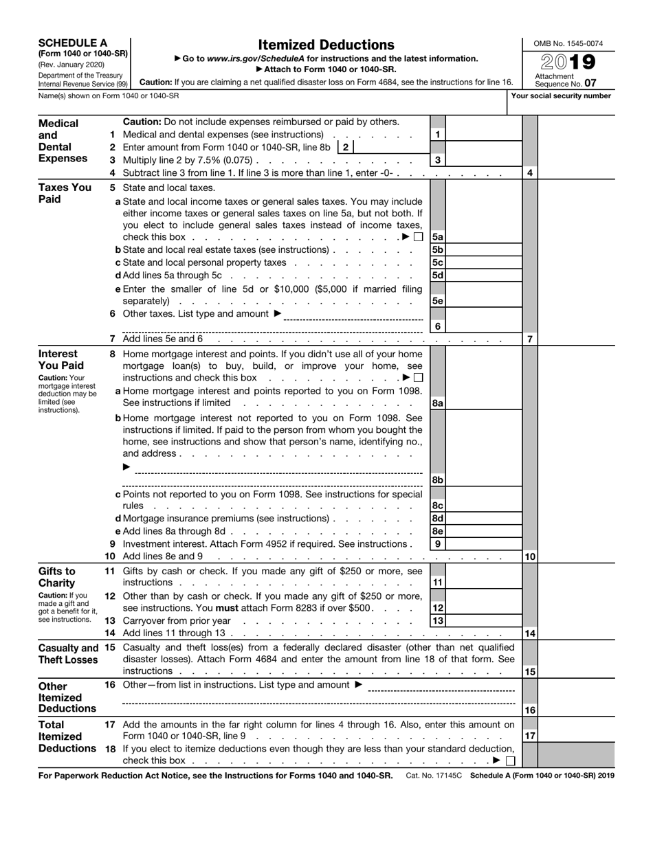 Irs Form 1040 1040 Sr Schedule A 2019 Fill Out Sign Online And