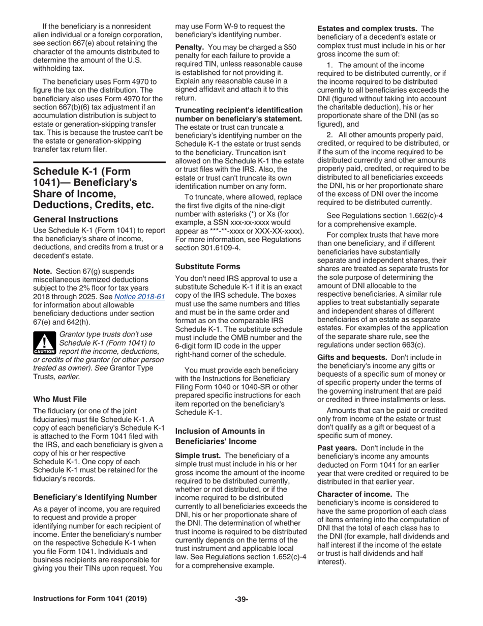 Instructions for IRS Form 1041 Schedule A, B, G, J, K-1 U.S. Income Tax Return for Estates and Trusts, Page 39